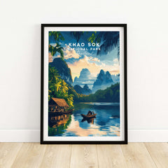 Khao Sok Travel Print featuring a colorful landscape of Khao Sok National Park in Thailand with lush scenery.
