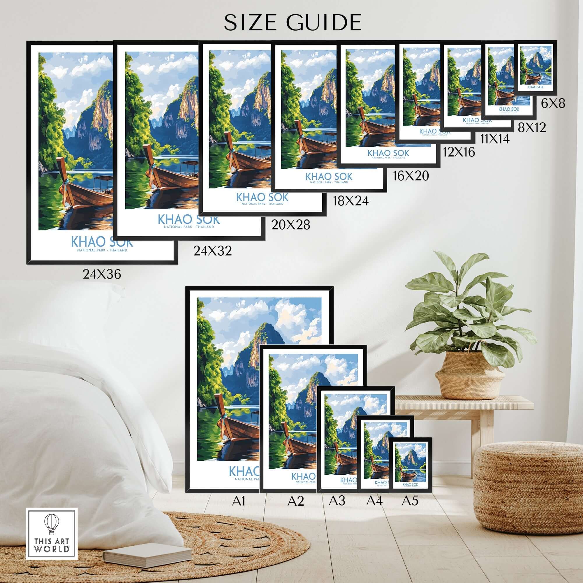 Size guide for Khao Sok Wall Art Print illustrating various frame sizes available.