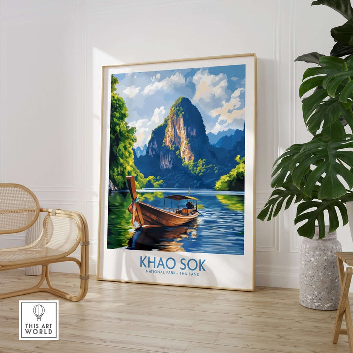 Khao Sok wall art print featuring a serene landscape of Khao Sok National Park, Thailand, with a boat on calm waters.