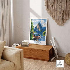 Khao Sok Wall Art Print featuring a serene landscape and vibrant colors in a cozy home setting.