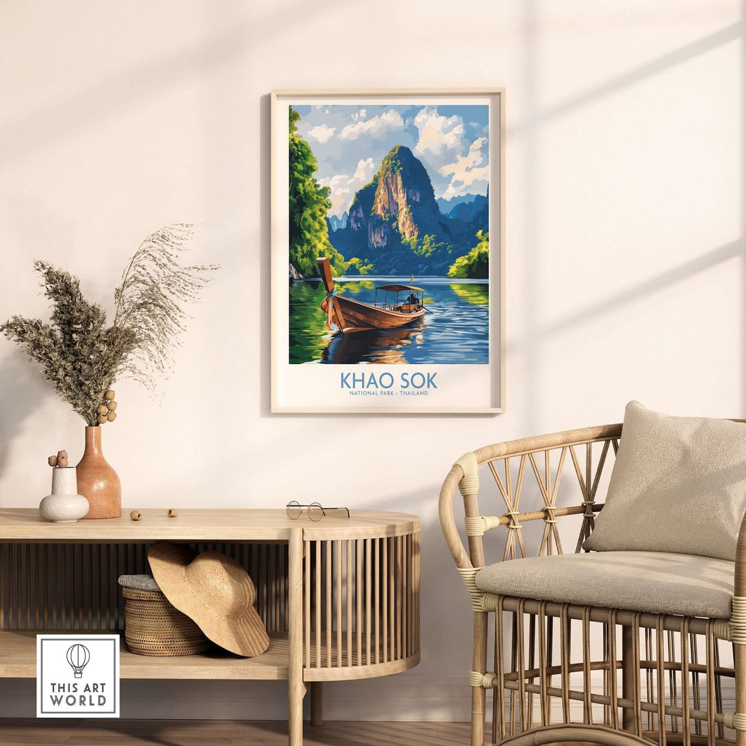 Khao Sok wall art print featuring a serene landscape with a boat and mountains, perfect for decor.