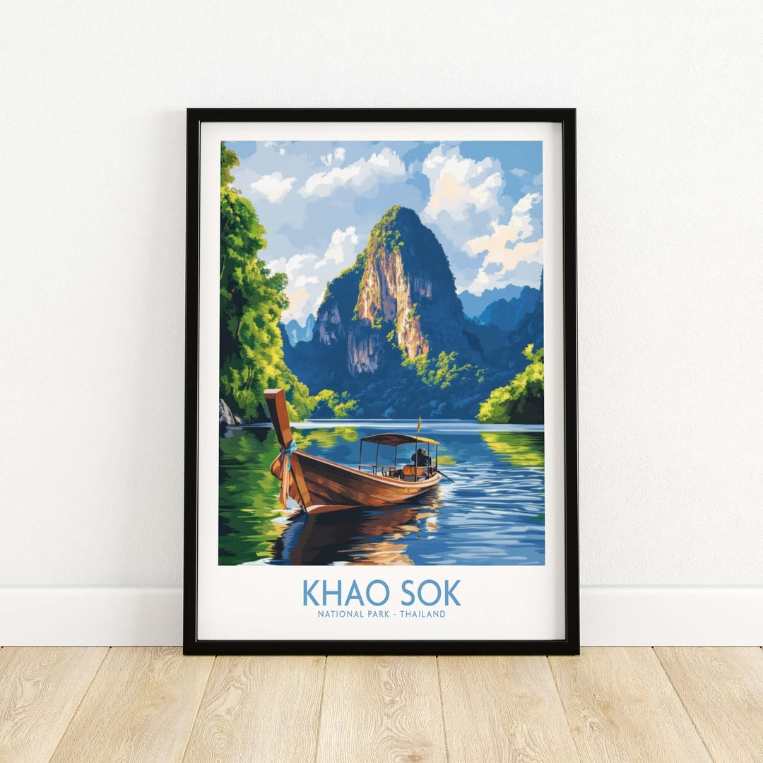 Khao Sok wall art print featuring a boat on the serene waters of Khao Sok National Park, Thailand.