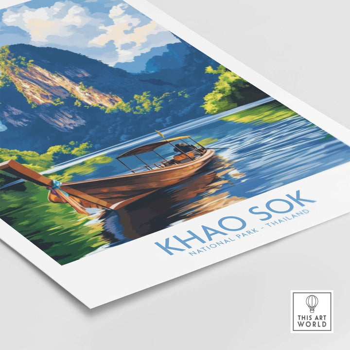 Khao Sok wall art print featuring a serene river scene and traditional boat in Thailand's lush national park.