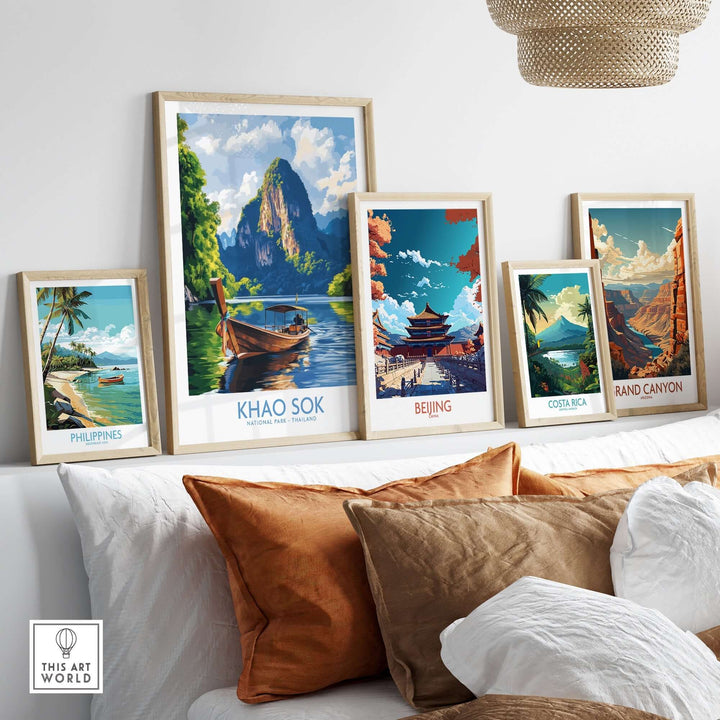 Khao Sok wall art print among other travel-themed art pieces showcasing vibrant landscapes.