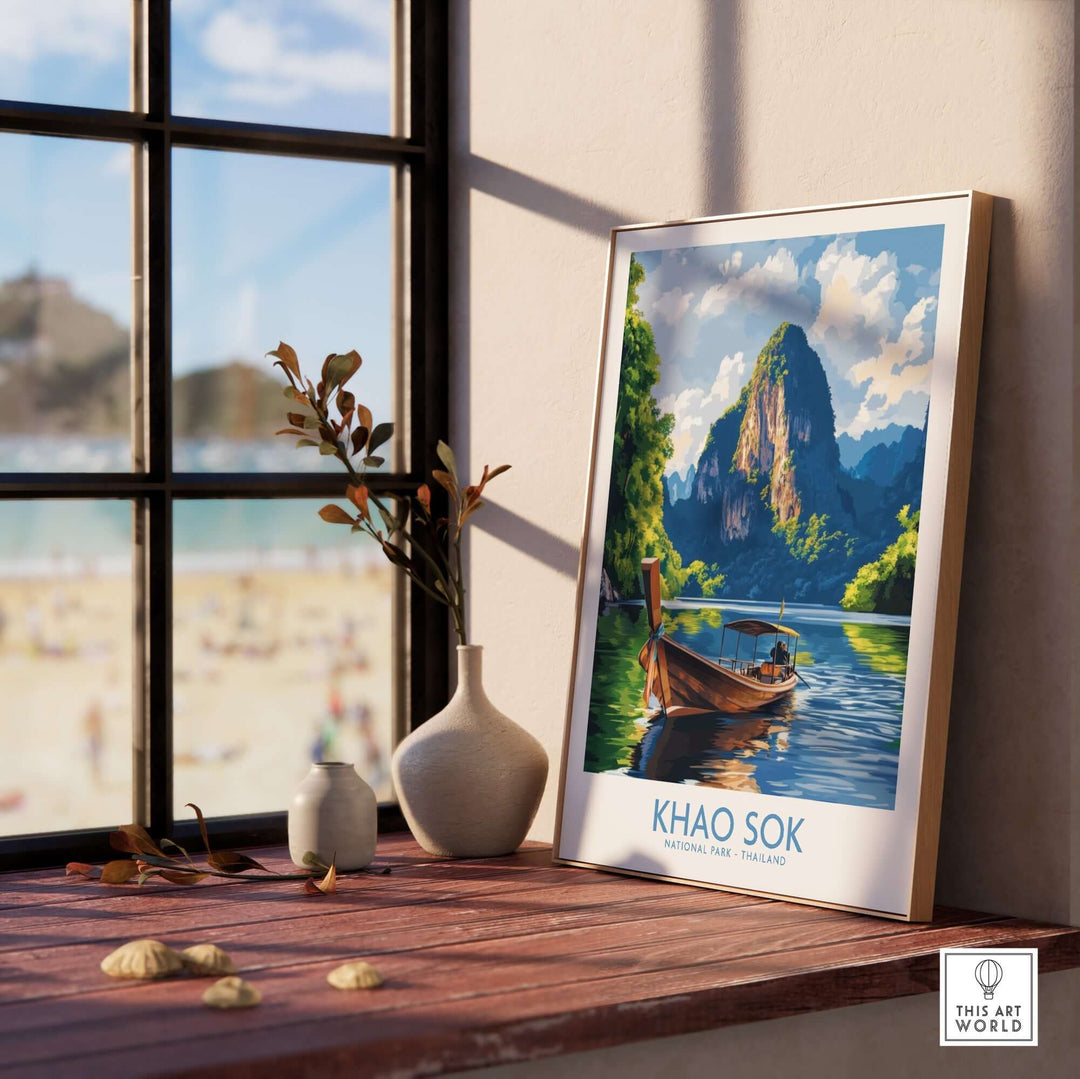 Khao Sok wall art print featuring a serene landscape with a boat and mountains, perfect for home decor.