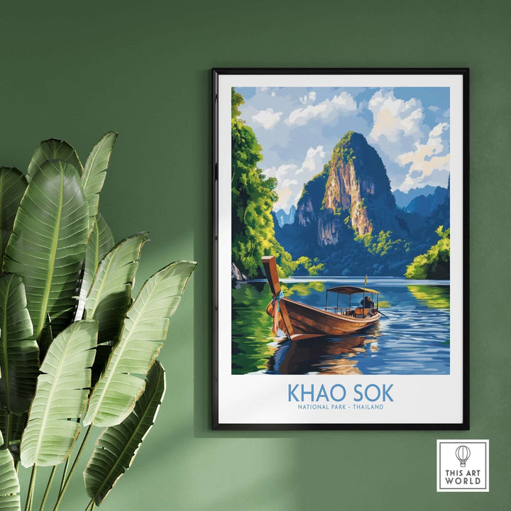 Khao Sok National Park wall art print featuring a scenic view of a boat and mountains, perfect for home decor.