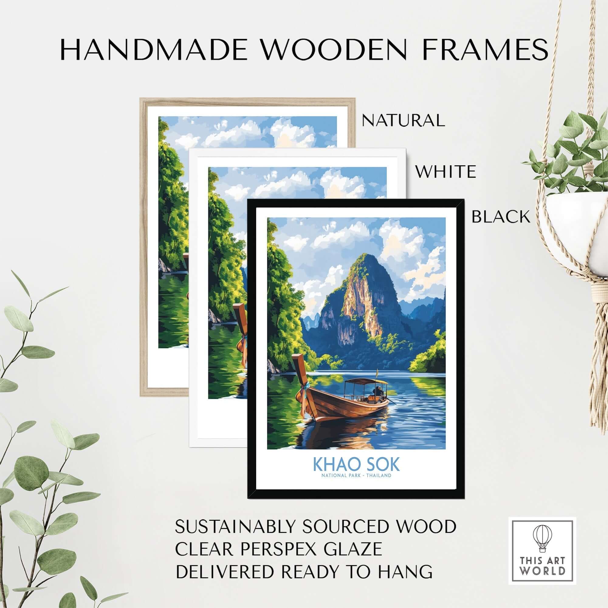 Khao Sok Wall Art Print displayed in handmade wood frames in natural, white, and black options.