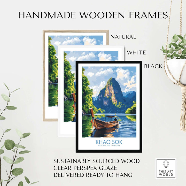 Khao Sok wall art print in handmade wooden frames, showcasing natural, white, and black options with clear glaze.