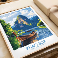 Khao Sok Wall Art Print featuring a scenic boat view in Khao Sok National Park, Thailand, bringing nature indoors.