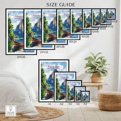 Khao Sok Wall Art Thailand size guide showcasing different frame sizes and styles for the Khao Sok artwork.
