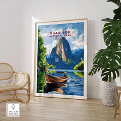 Khao Sok Wall Art Thailand featuring a serene boat scene at Khao Sok National Park with majestic cliffs.