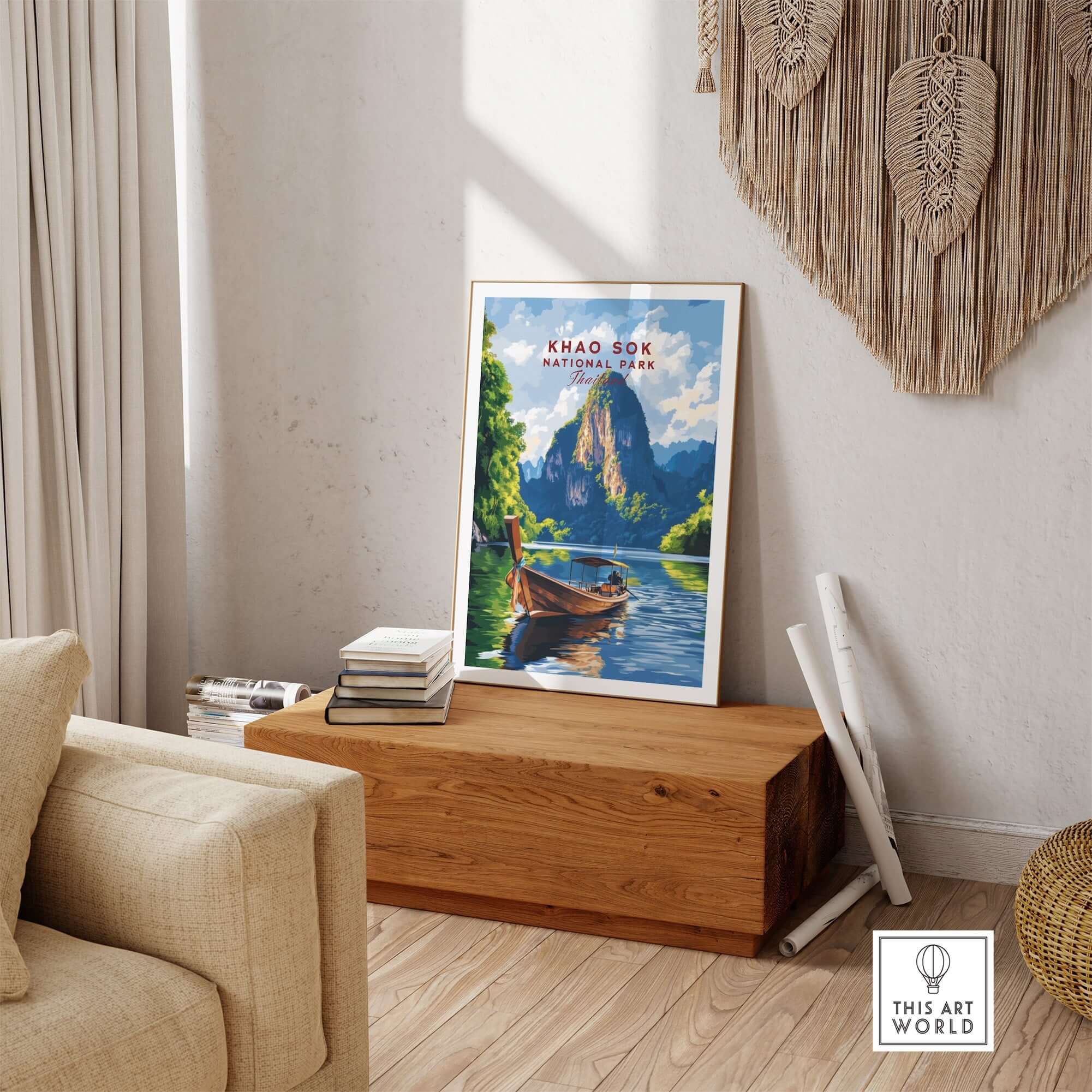 Khao Sok Wall Art Thailand featuring lush forests, cliffs, and serene waters from Khao Sok National Park.