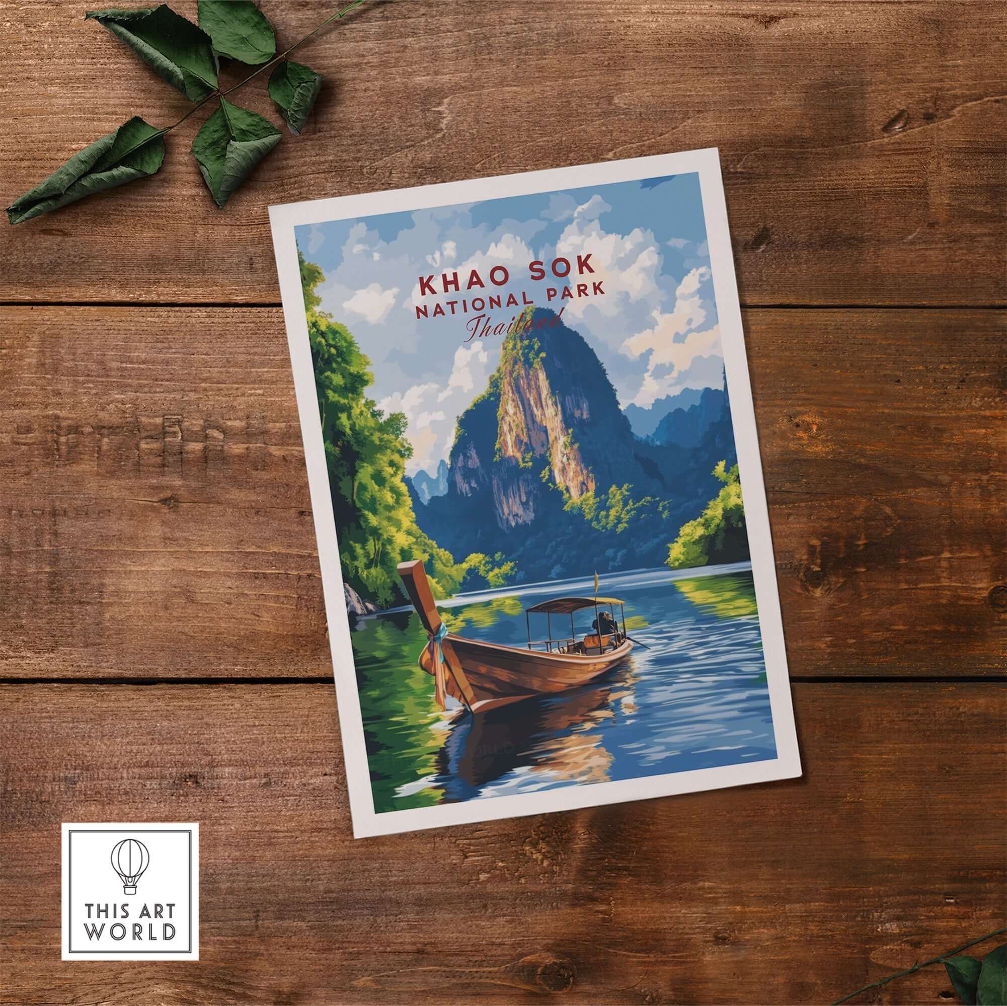 Khao Sok Wall Art Thailand featuring scenic boat and lush landscapes of Khao Sok National Park.
