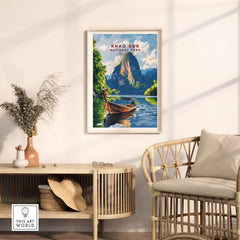 Khao Sok Wall Art Thailand showcasing a serene landscape of Khao Sok National Park with a boat on tranquil waters.