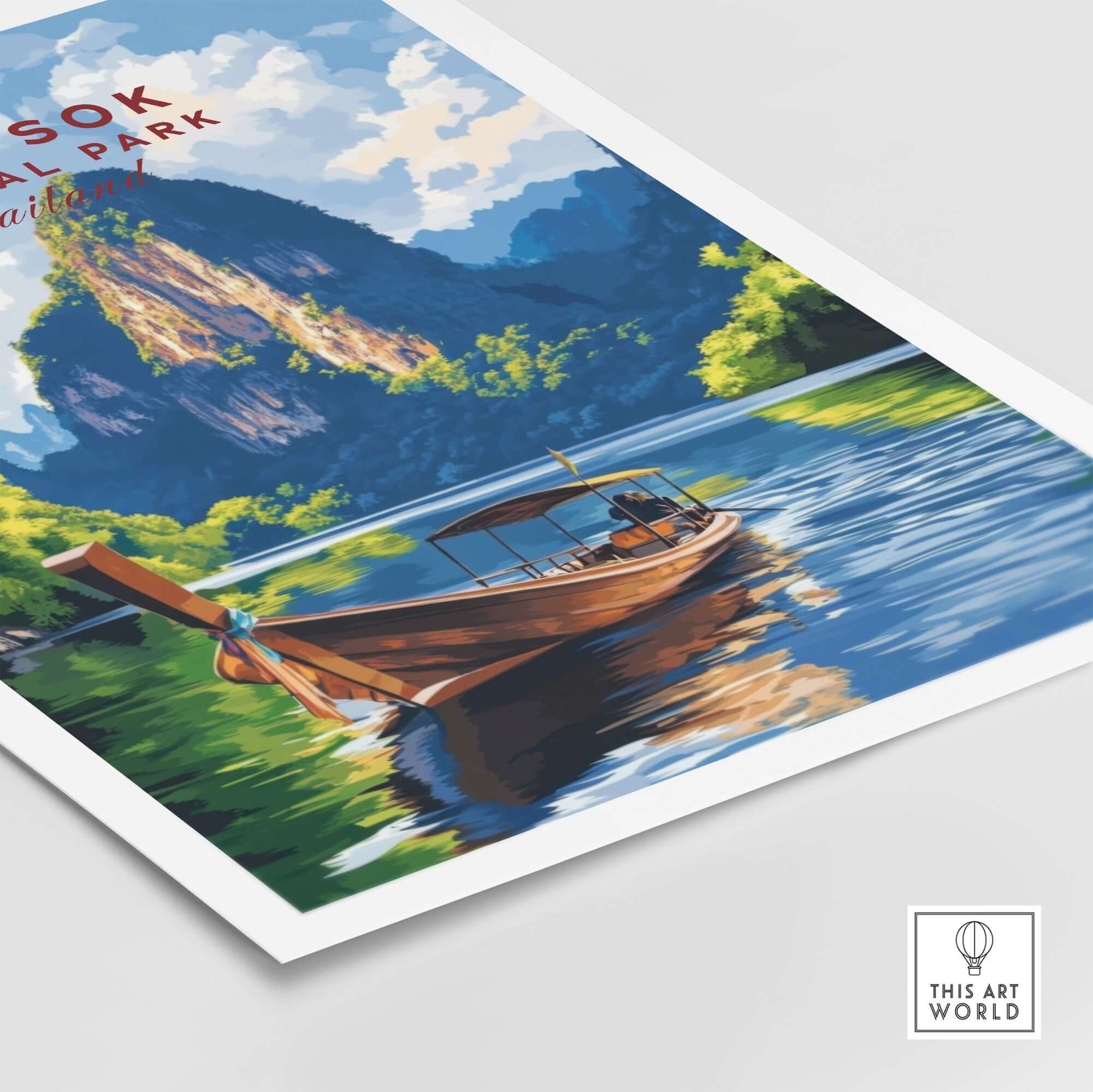 Khao Sok Wall Art Thailand depicting a traditional boat on serene waters with lush cliffs in the background.