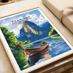 Khao Sok Wall Art Thailand featuring a scenic view of Khao Sok National Park with a boat on tranquil waters.