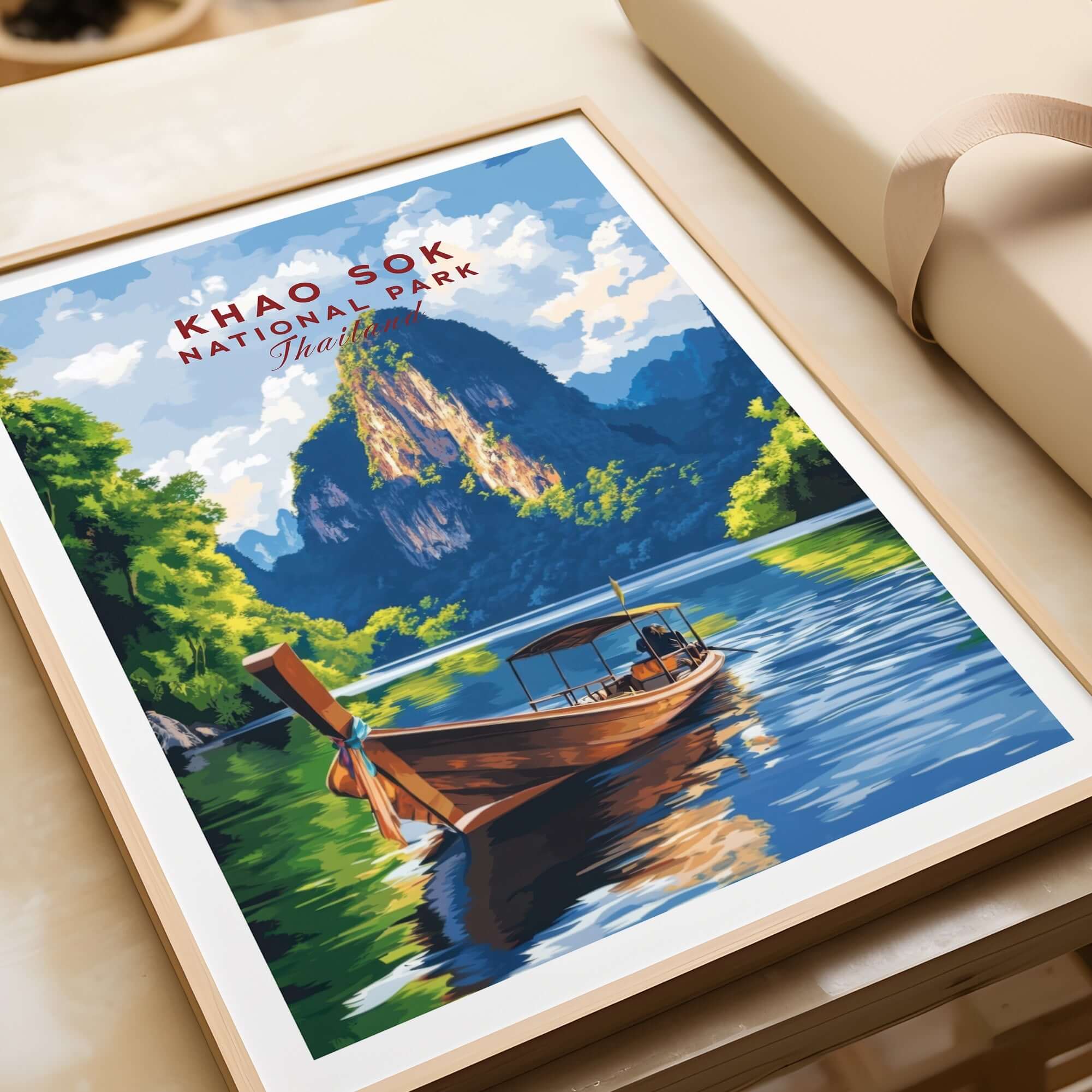 Khao Sok Wall Art Thailand featuring a scenic view of Khao Sok National Park with a boat on tranquil waters.