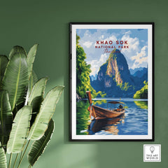 Khao Sok Wall Art Thailand showcasing Khao Sok National Park with a boat and stunning mountain scenery.