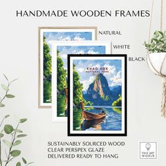 Handmade wooden frames for Khao Sok Wall Art Thailand showcasing lush nature and tranquil waters.