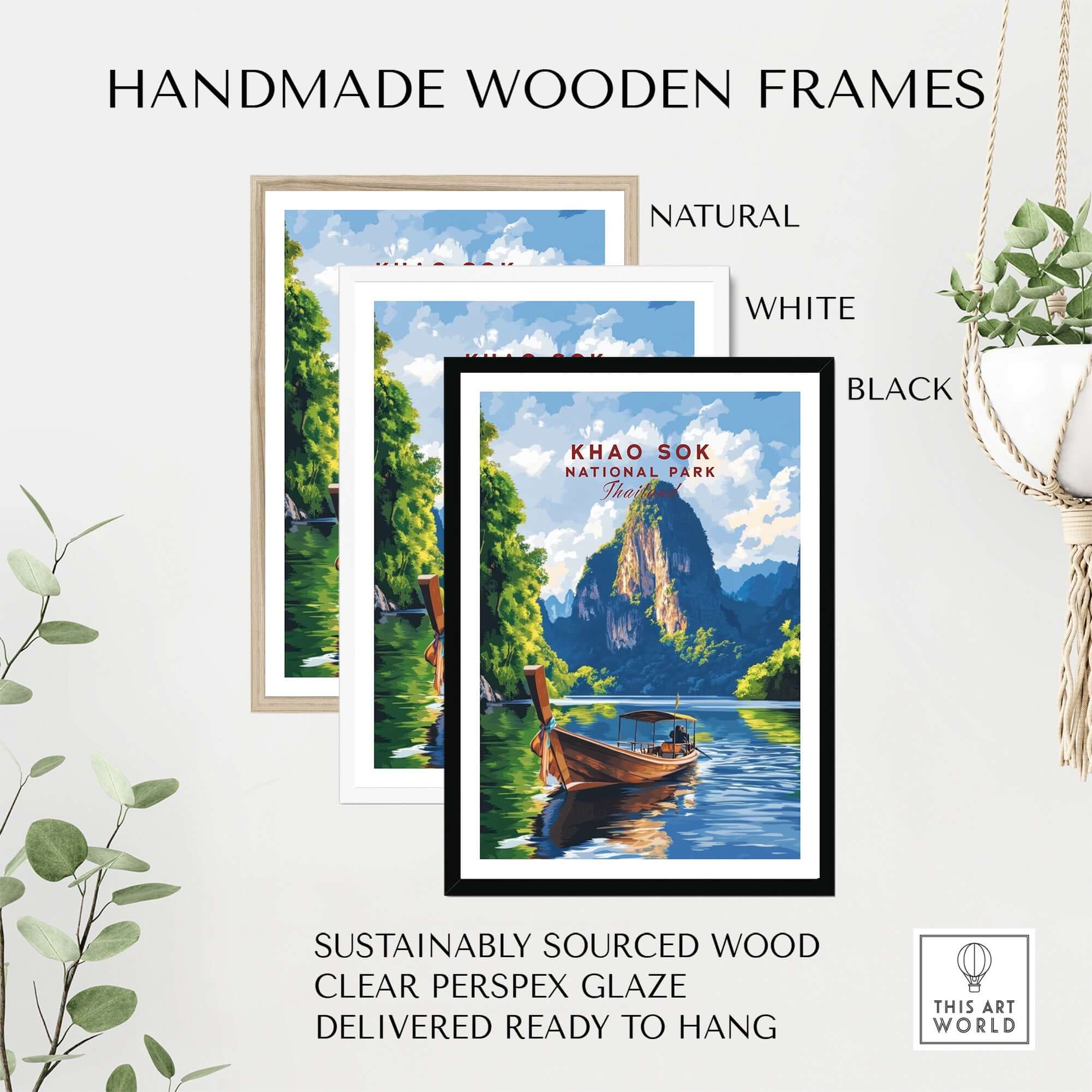 Handmade wooden frames for Khao Sok Wall Art Thailand showcasing lush nature and tranquil waters.
