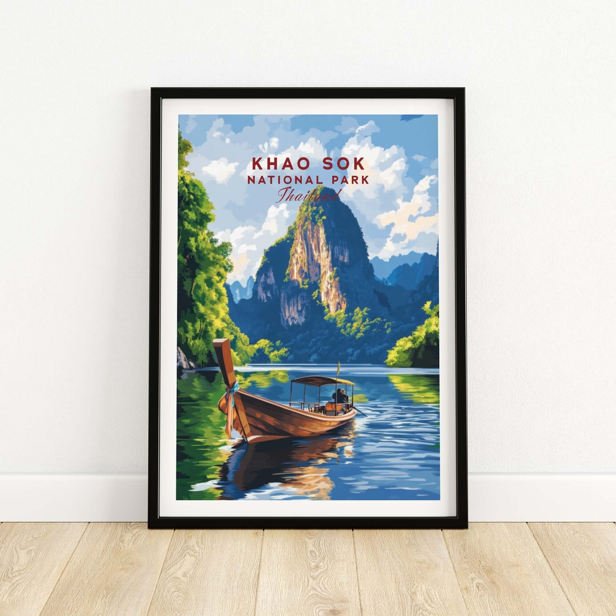 Khao Sok Wall Art Thailand featuring a beautiful boat on tranquil waters surrounded by lush cliffs.