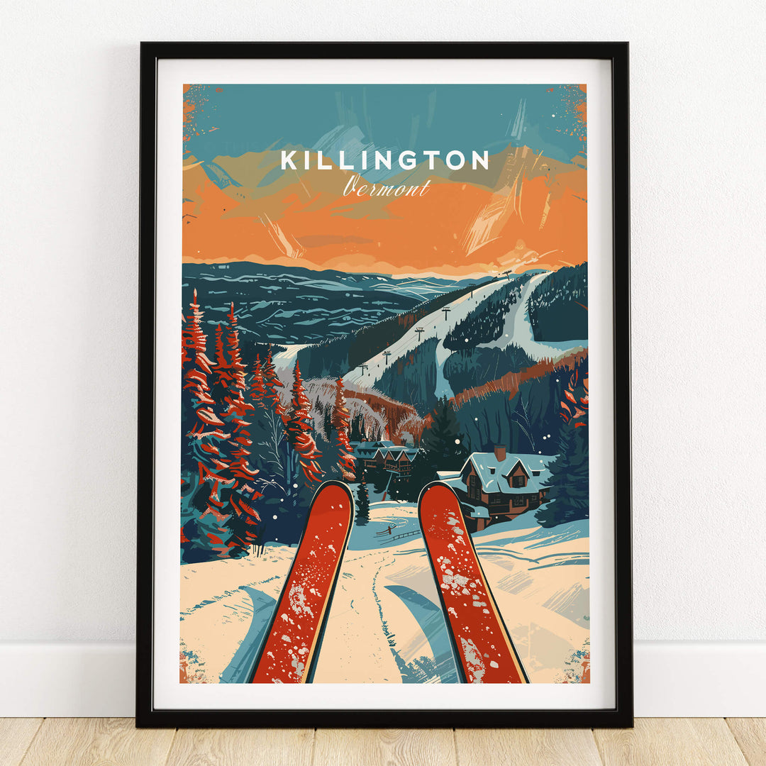 Killington Travel Poster - Vermont showcasing a stunning ski scene with snow-covered mountains and vibrant colors.