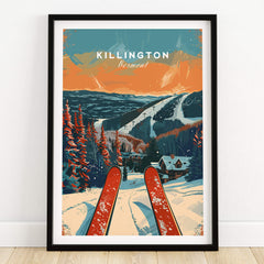 Killington Travel Poster - Vermont showcasing a stunning ski scene with snow-covered mountains and vibrant colors.