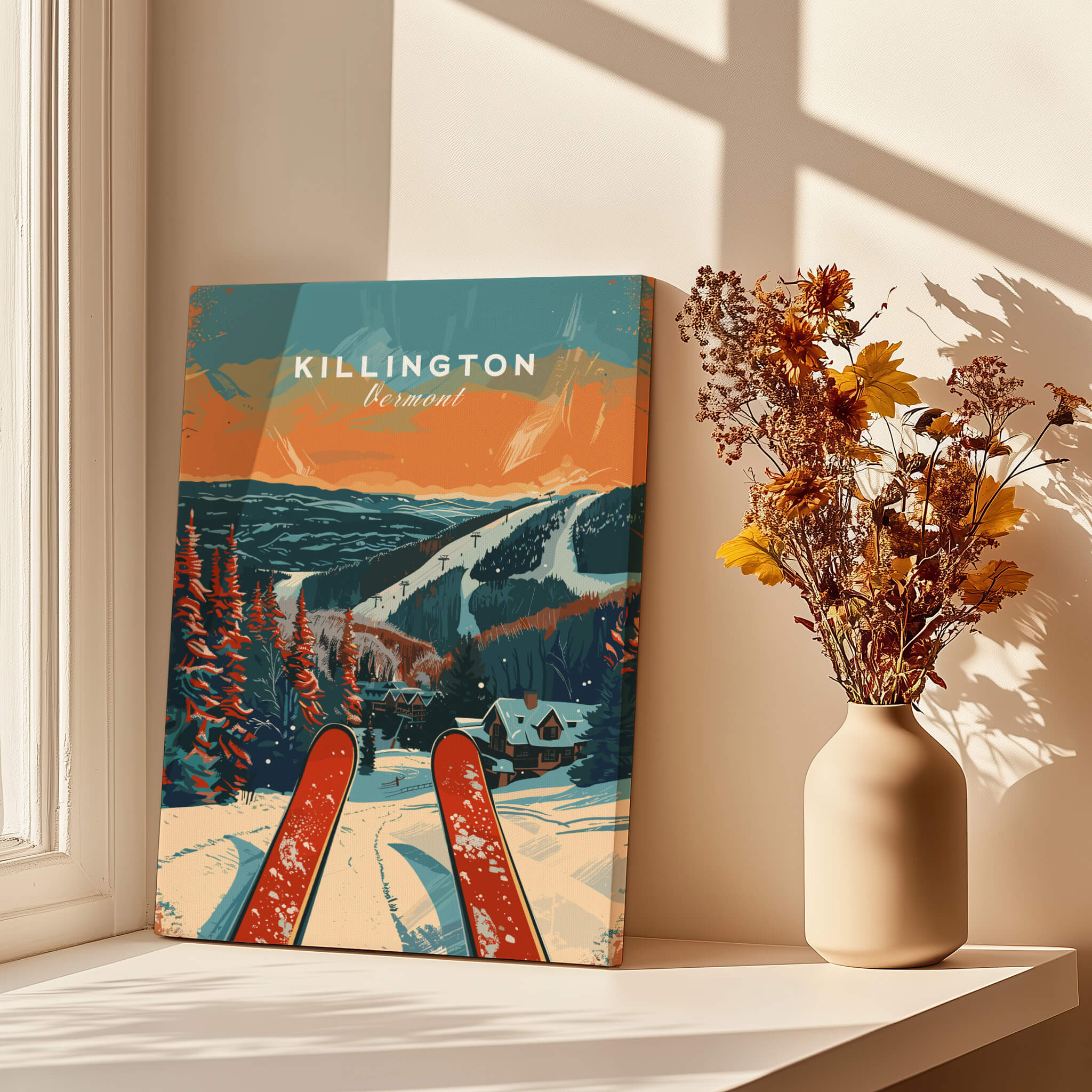 Killington Travel Poster - Vermont showcasing a scenic winter landscape with ski tracks and vibrant colors.