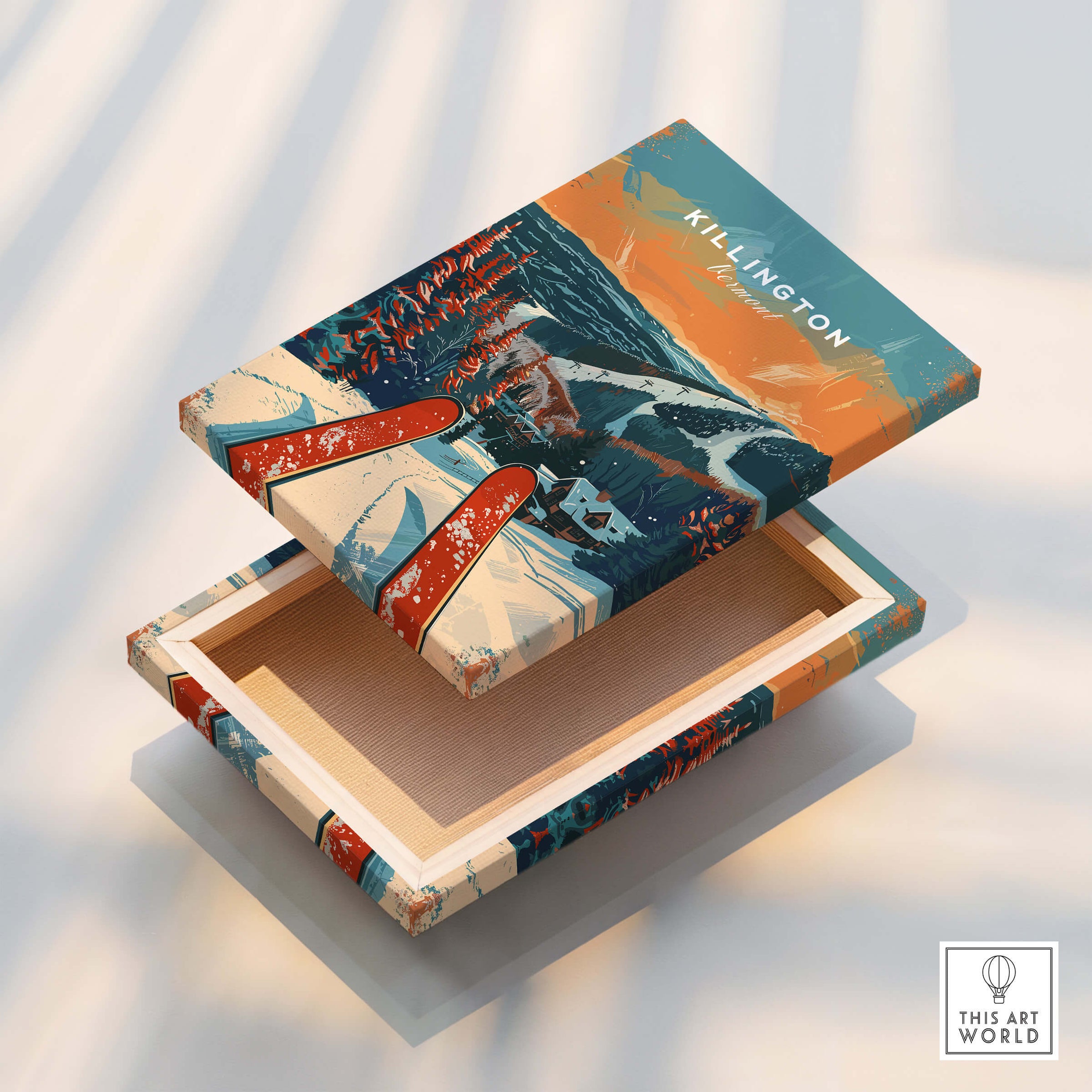 Killington Travel Poster - Vermont art print on a decorative box featuring snowy mountains and ski elements.