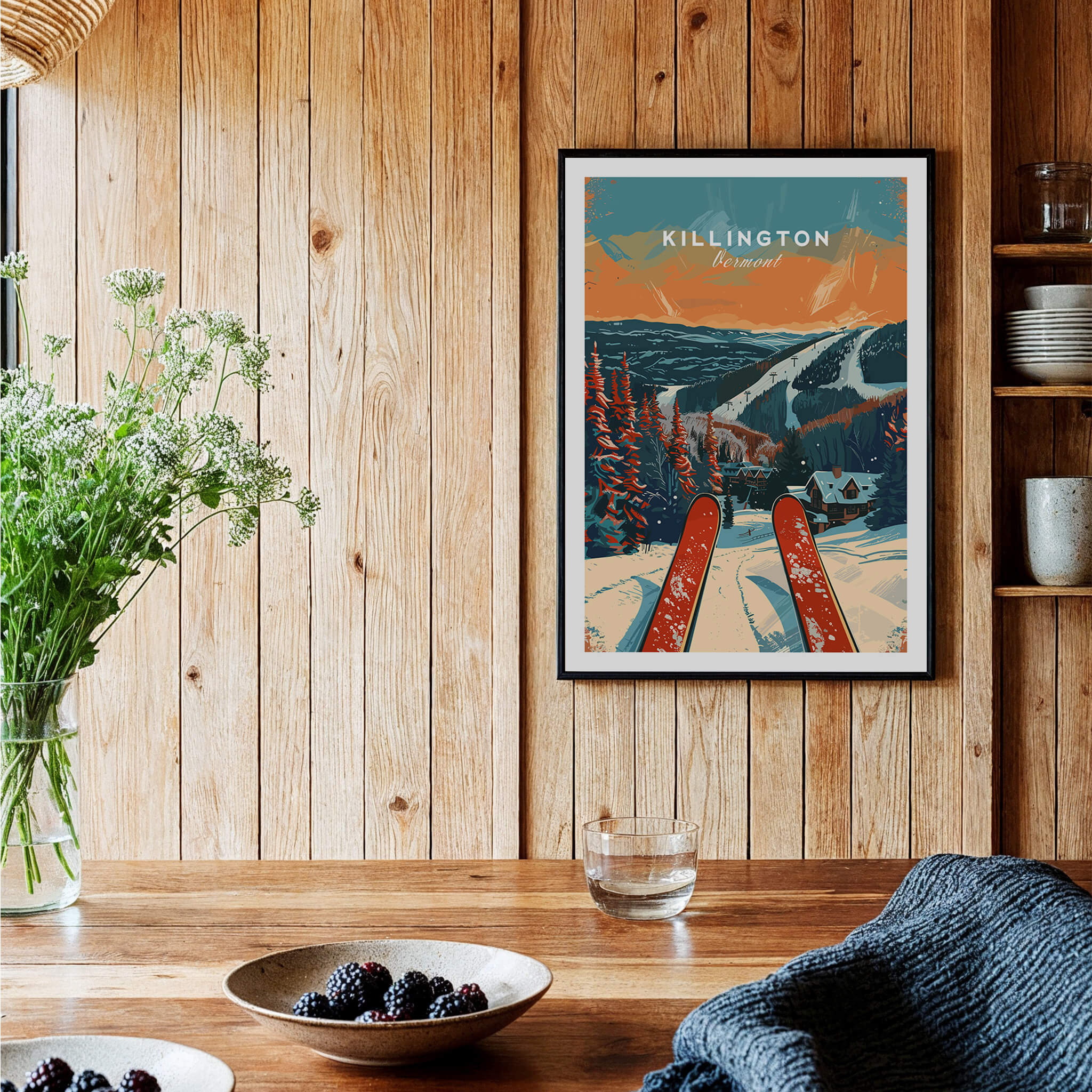 Killington Travel Poster - Vermont showcasing a vibrant ski scene framed in a cozy wooden decor.