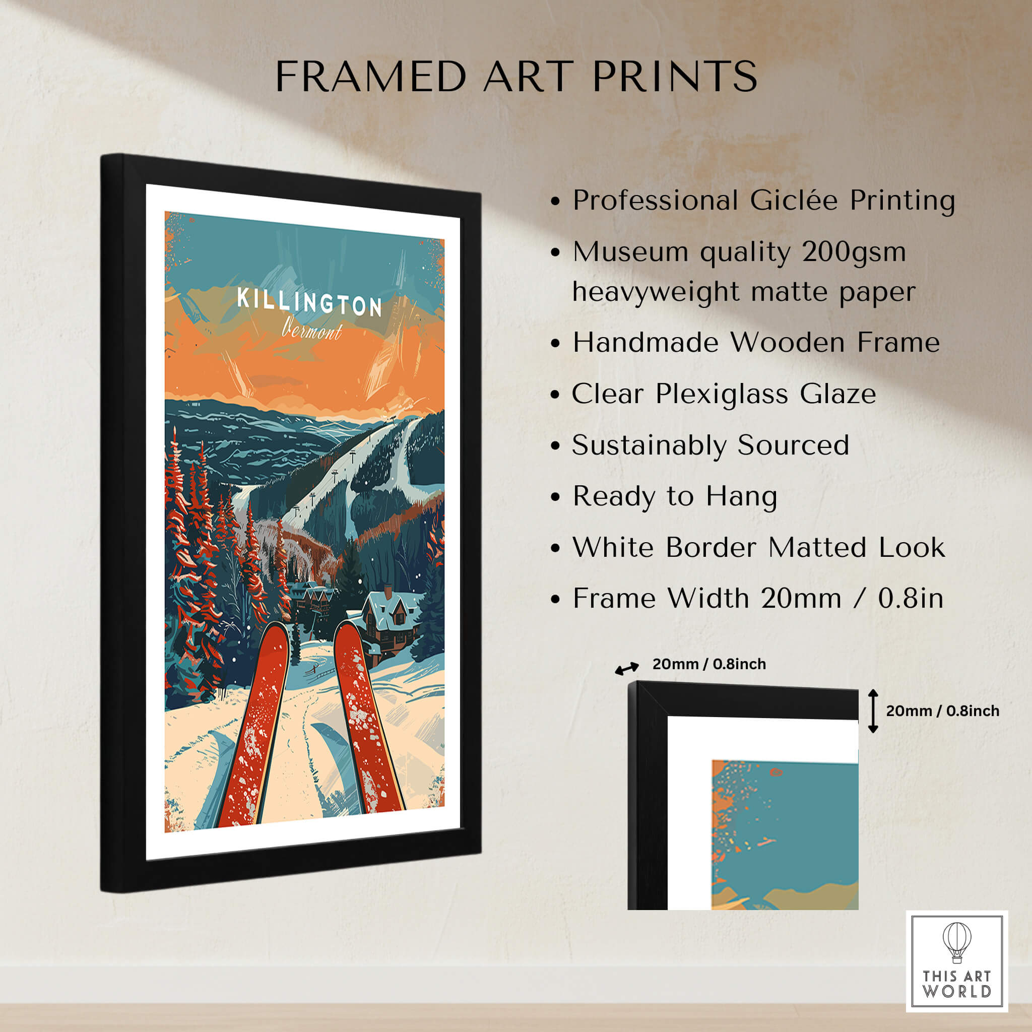 Killington Travel Poster - Vermont framed art print showcasing skiing theme and beautiful mountain scenery.
