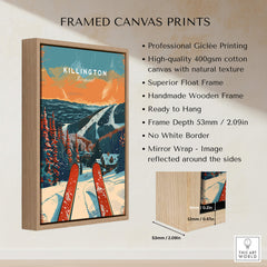 Killington Travel Poster - Vermont framed canvas print with snow-covered mountains and ski gear.