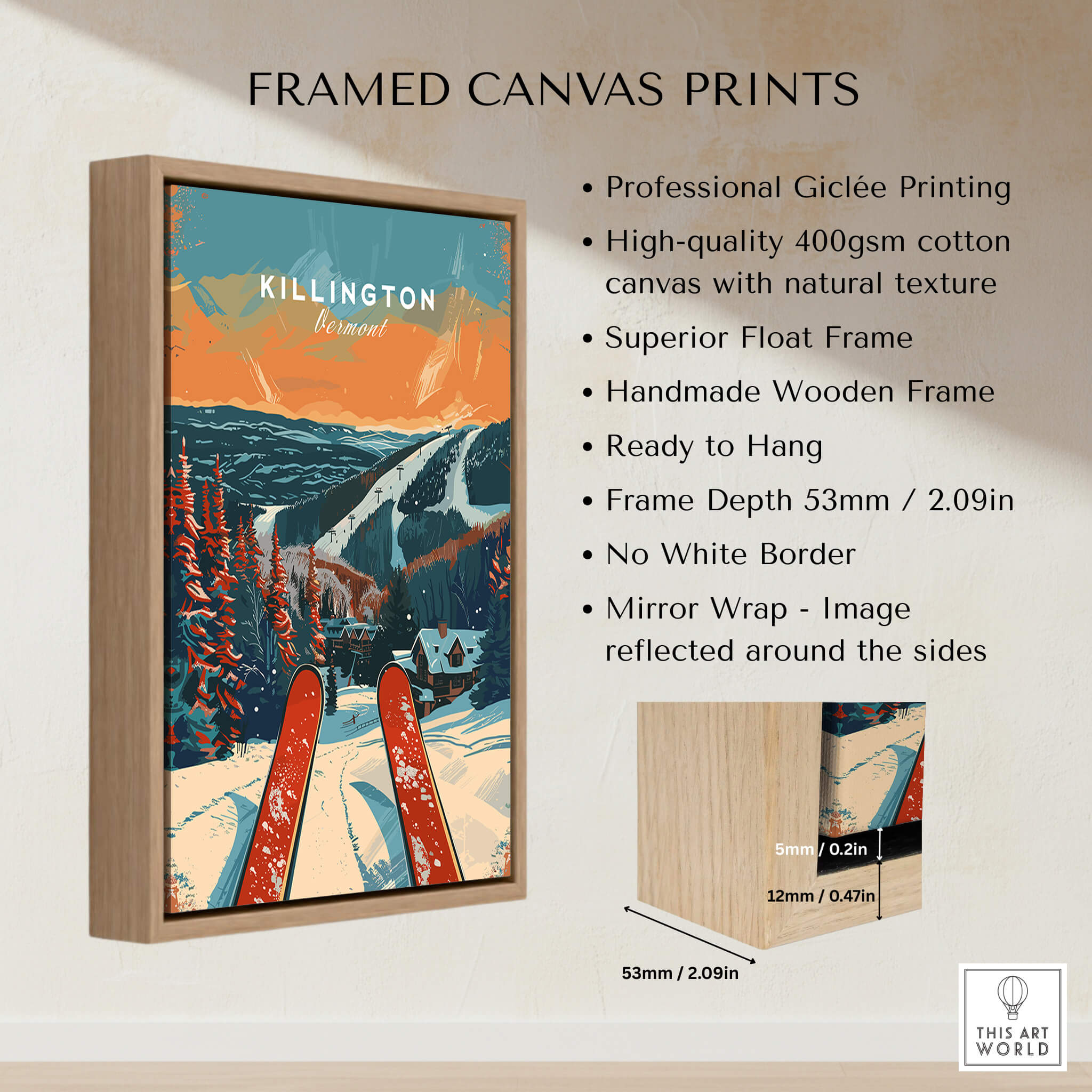 Killington Travel Poster - Vermont framed canvas print with snow-covered mountains and ski gear.
