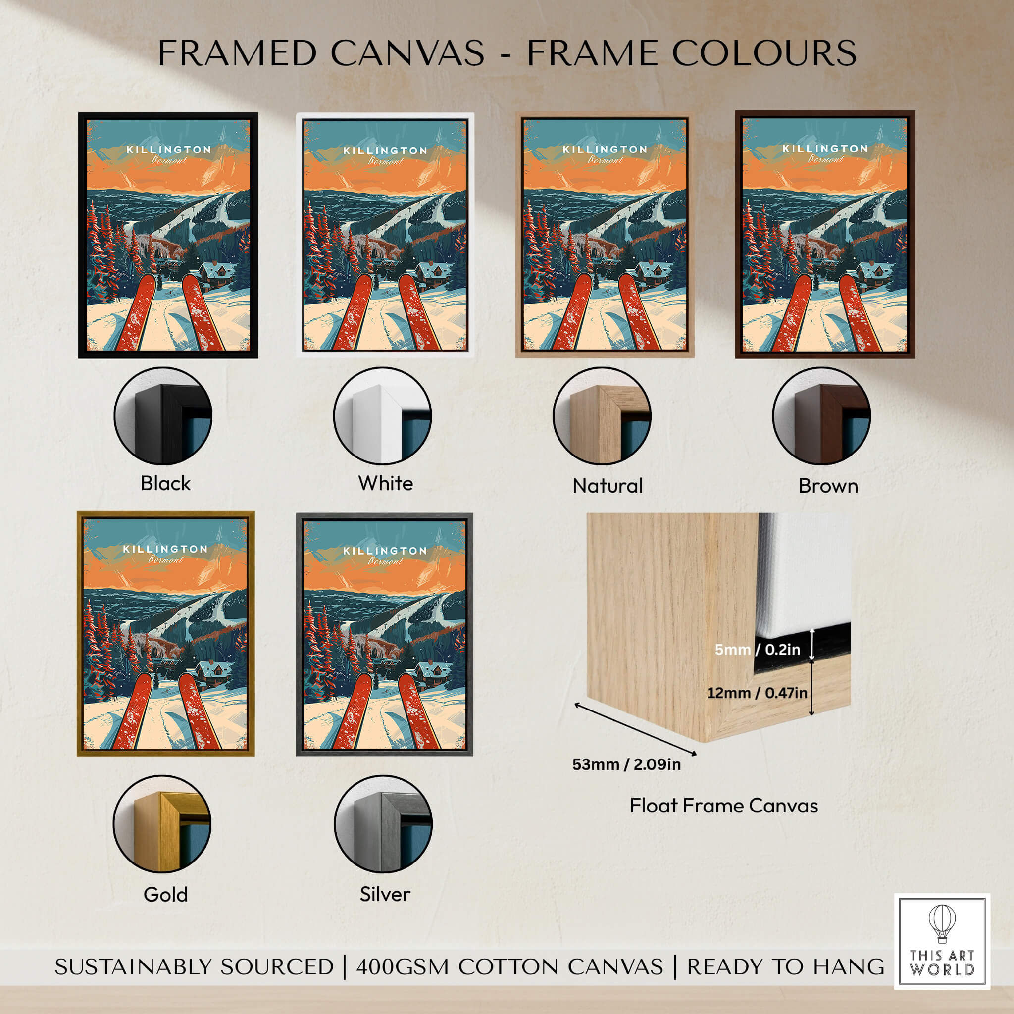 Framed canvas options for Killington Travel Poster - Vermont in various colors including black, white, natural, brown, gold, and silver.