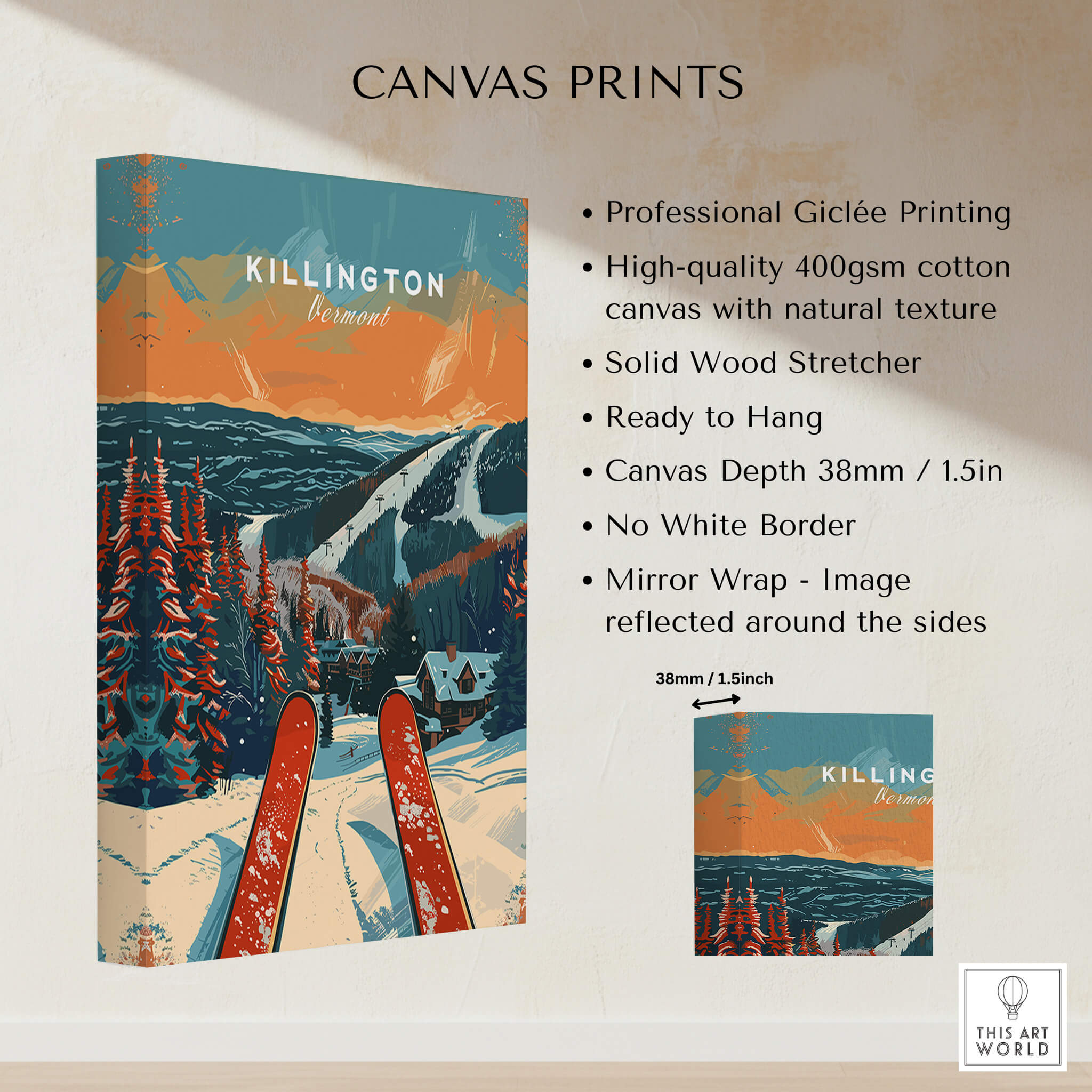 Killington Travel Poster - Vermont featuring stunning skiing imagery and professional Giclée printing on canvas.