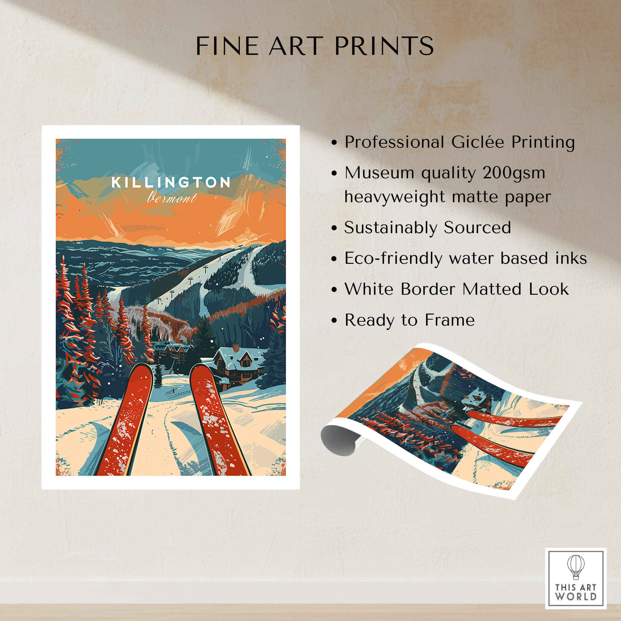 Killington Travel Poster - Vermont showcasing skiing in the beautiful mountains with vibrant colors and professional printing.