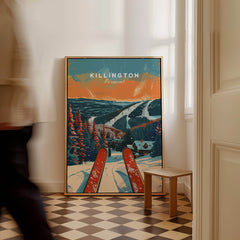 Killington Travel Poster - Vermont showcasing a scenic ski landscape with vibrant colors and cozy cabin atmosphere.