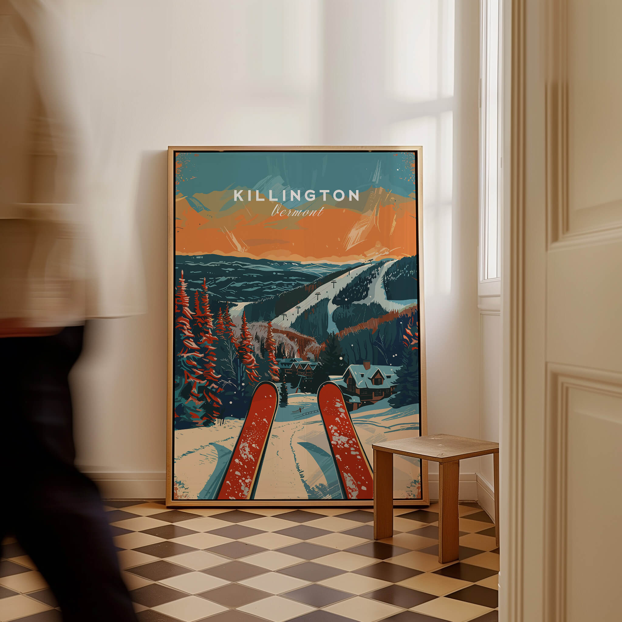 Killington Travel Poster - Vermont showcasing a scenic ski landscape with vibrant colors and cozy cabin atmosphere.