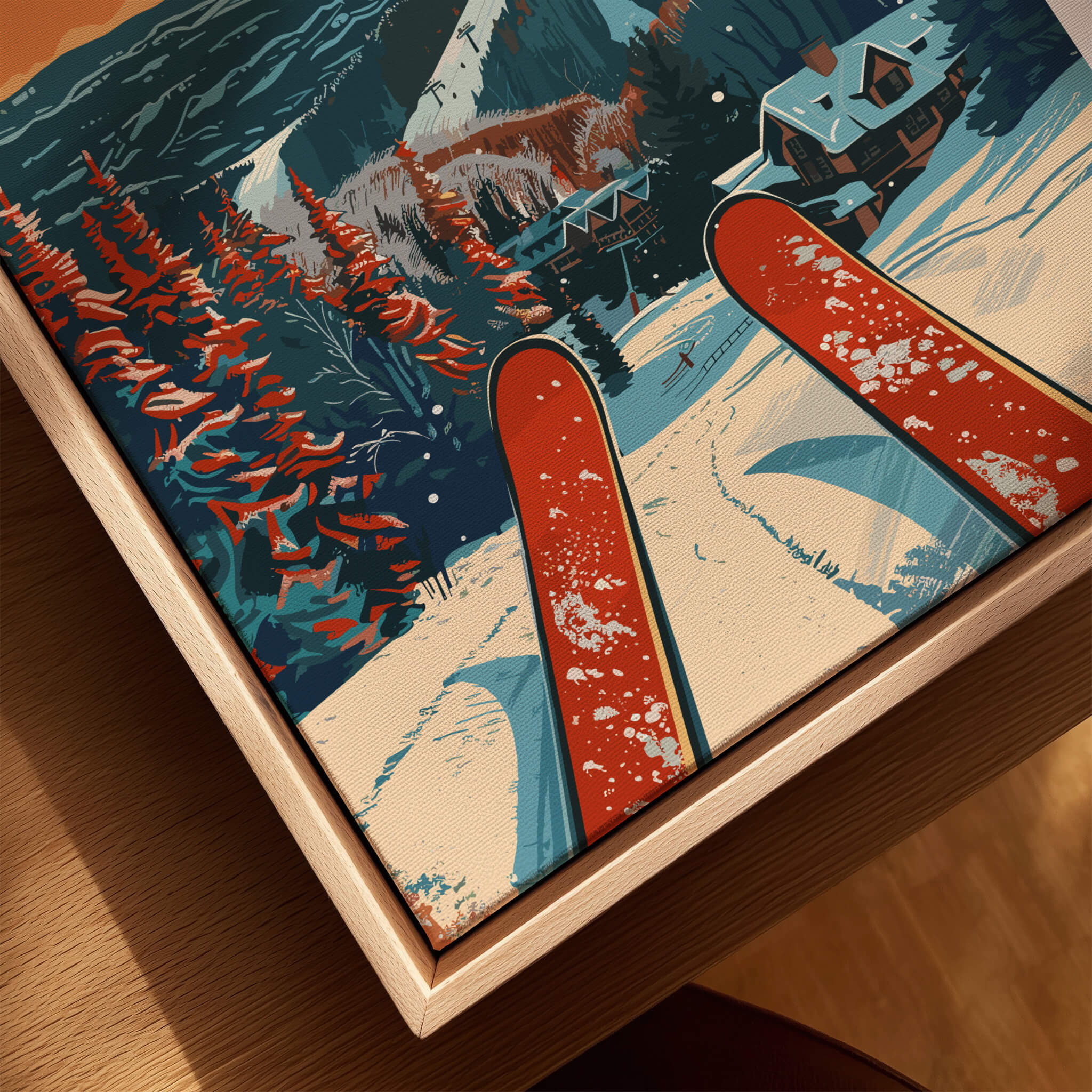 Killington Travel Poster - Vermont featuring vibrant ski scene and snow-covered landscape.