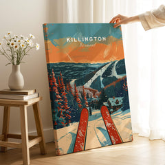 Killington Travel Poster - Vermont featuring vibrant skiing scene and snow-covered mountains in picturesque design.