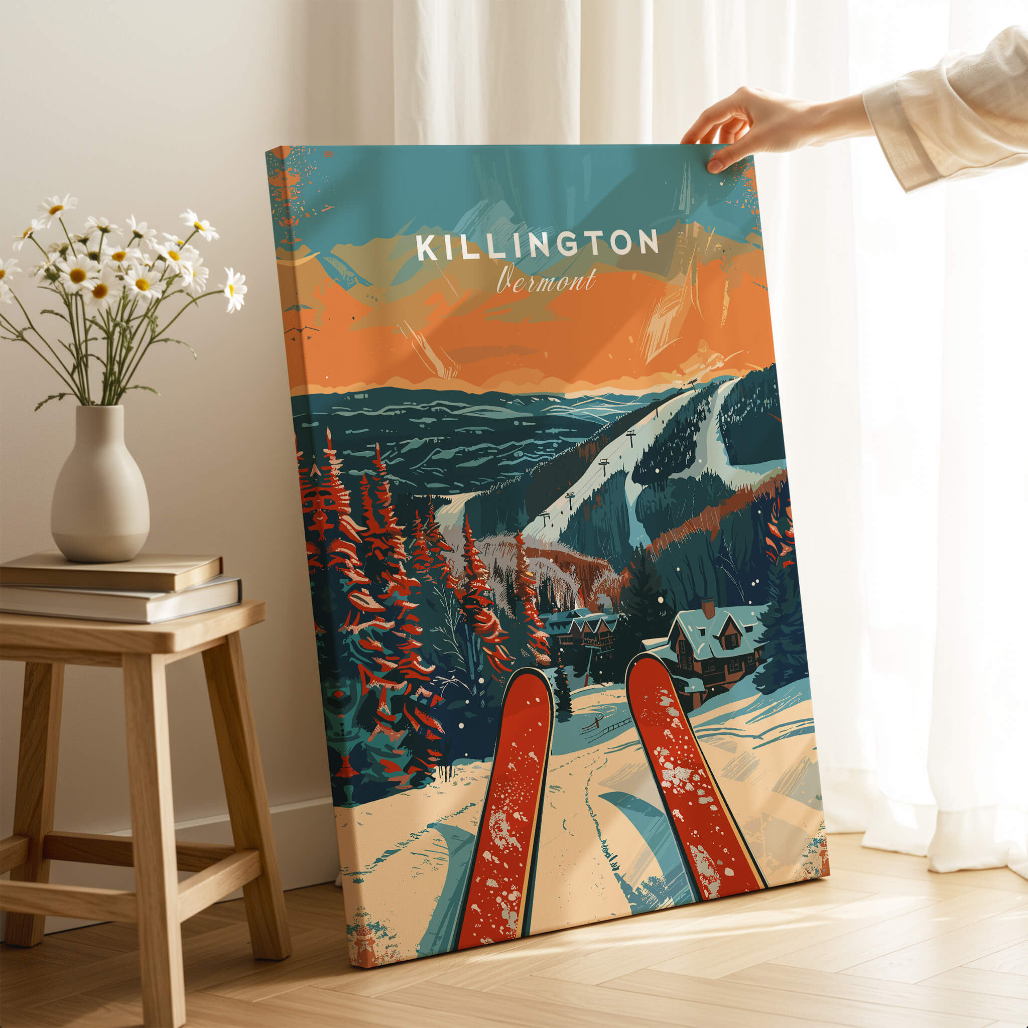 Killington Travel Poster - Vermont featuring vibrant skiing scene and snow-covered mountains in picturesque design.