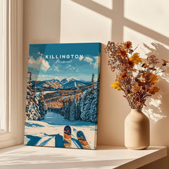 Killington Ski Poster - Vermont displayed in a bright room with a vase of flowers and sunlight.