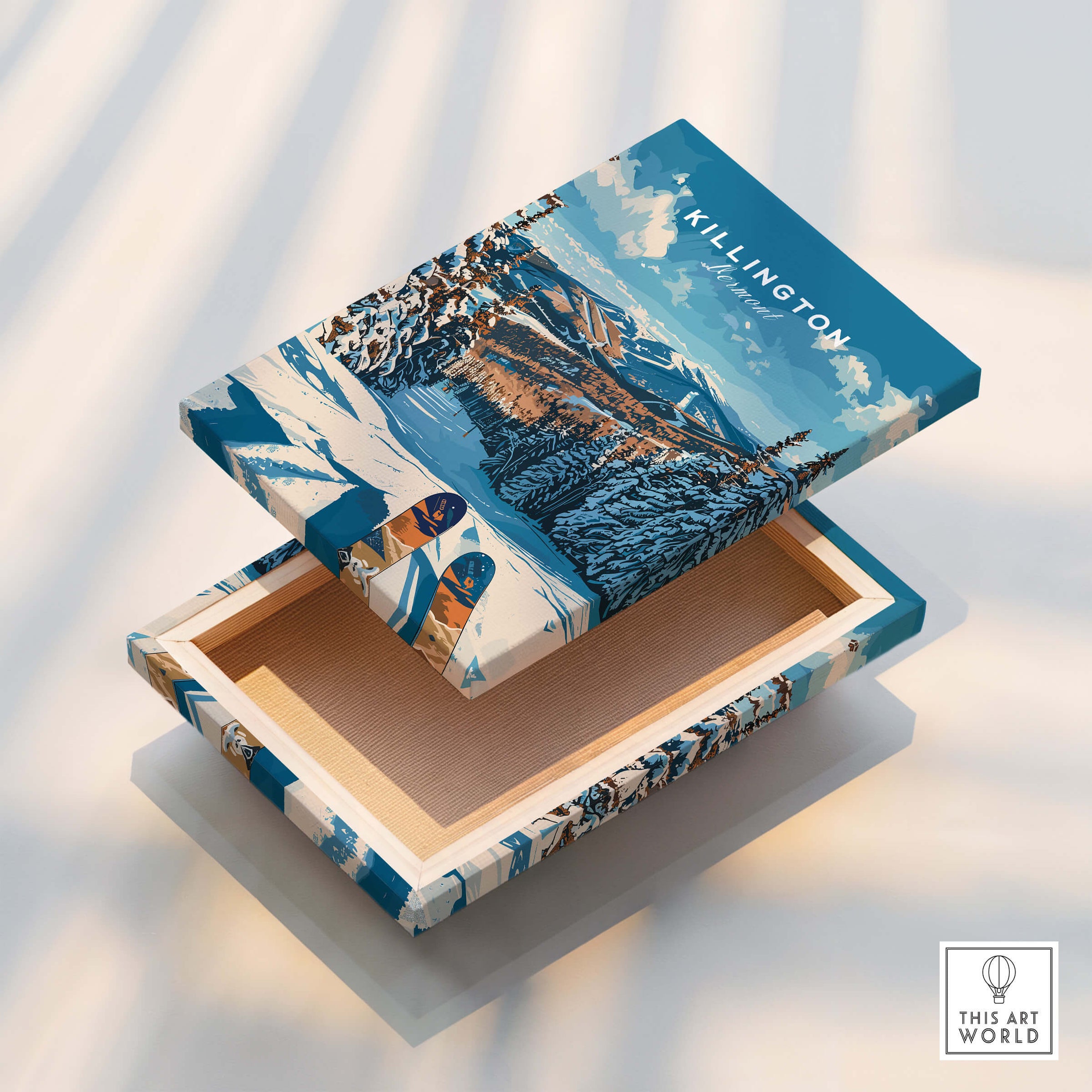 Killington Ski Poster - Vermont, featuring a beautifully designed ski-themed box with snowy mountains.