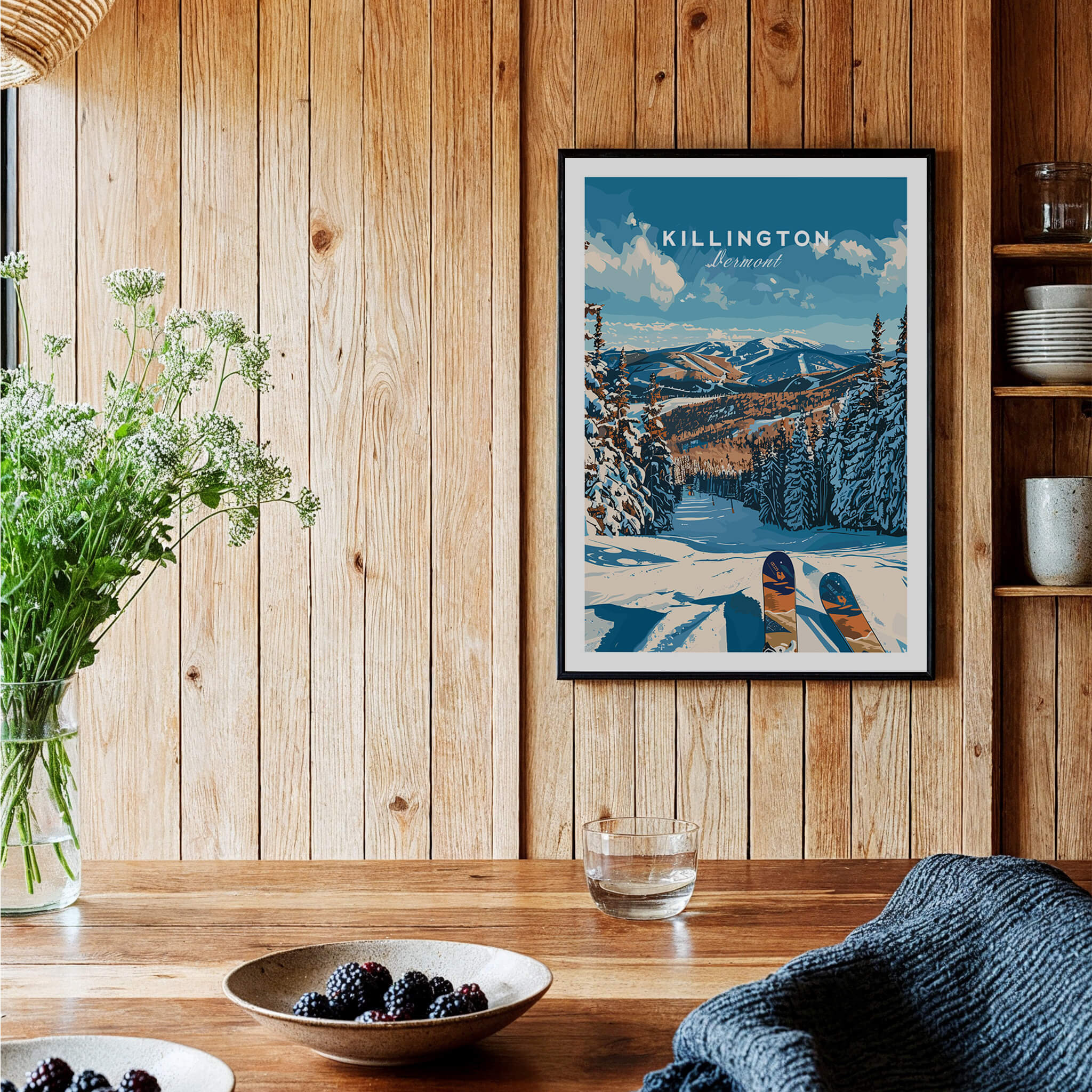 Killington Ski Poster - Vermont displayed on a wooden wall, showcasing beautiful ski scenery in Vermont.