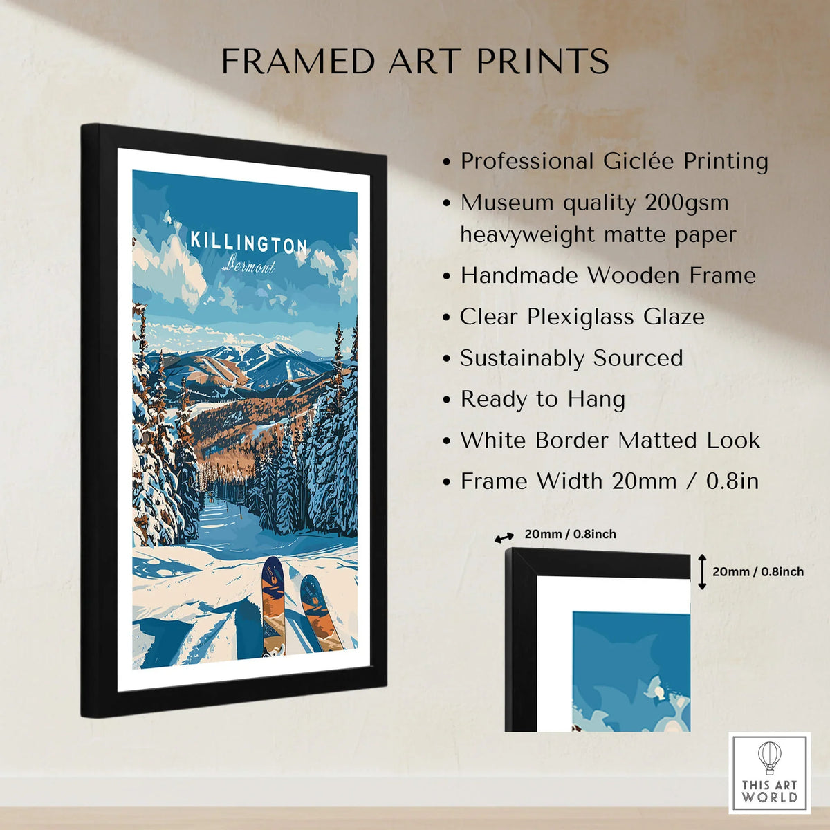 Killington Ski Poster - Vermont framed print showcasing the scenic slopes of Killington, ideal for ski lovers and wall art.