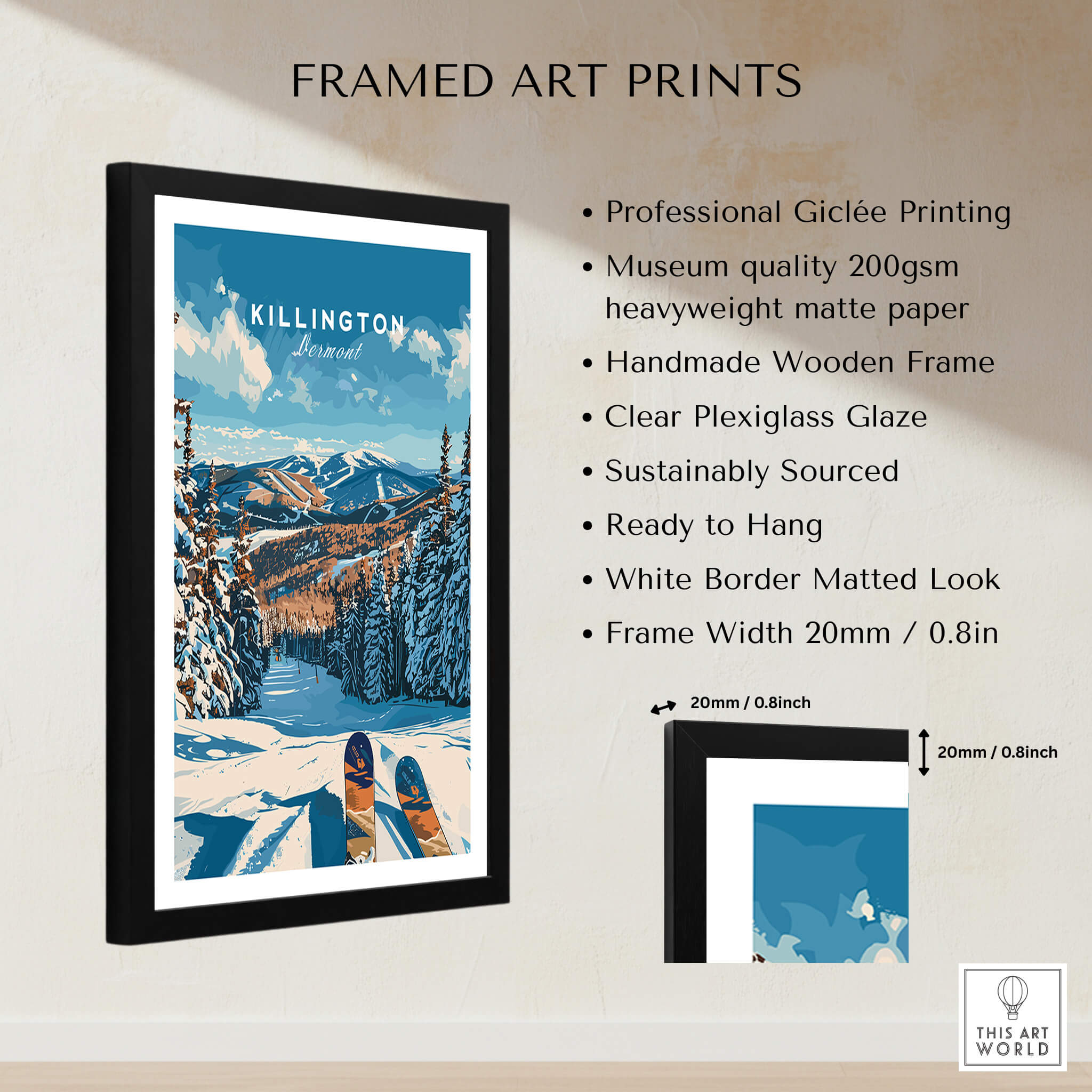 Killington Ski Poster - Vermont framed print showcasing the scenic slopes of Killington, ideal for ski lovers and wall art.
