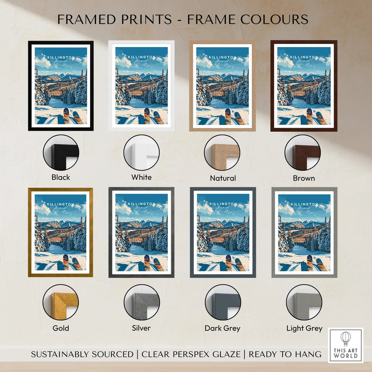 Killington Ski Poster - Vermont framed prints in various colors including black, white, natural, brown, gold, silver, dark grey, light grey.