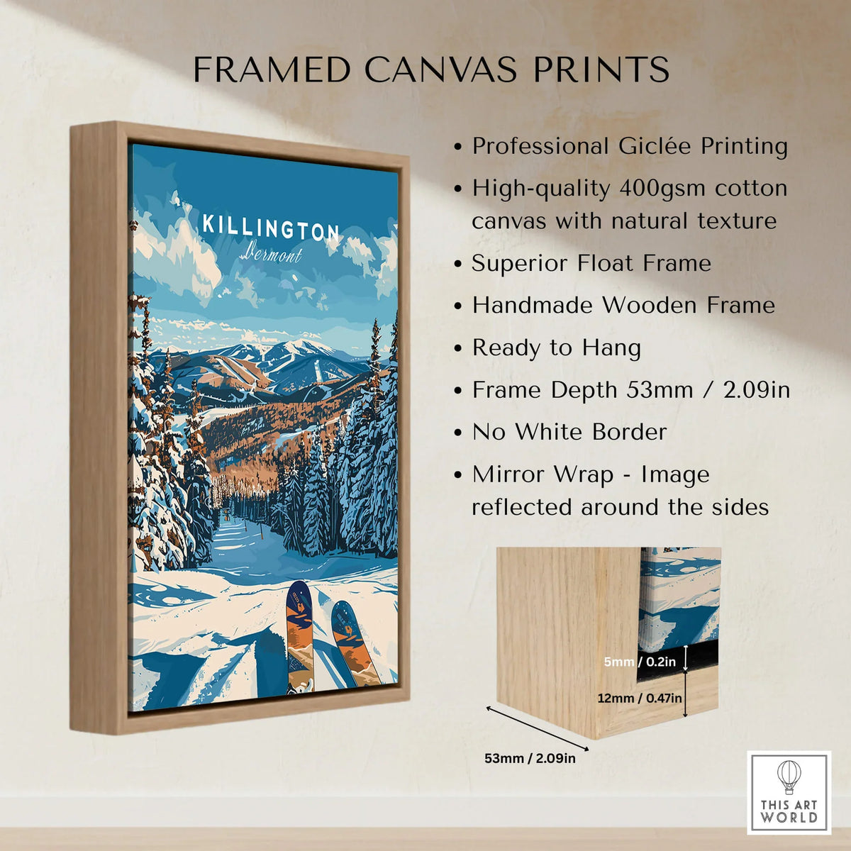 Killington Ski Poster - Vermont framed canvas print showcasing mountain scenery and ski equipment.