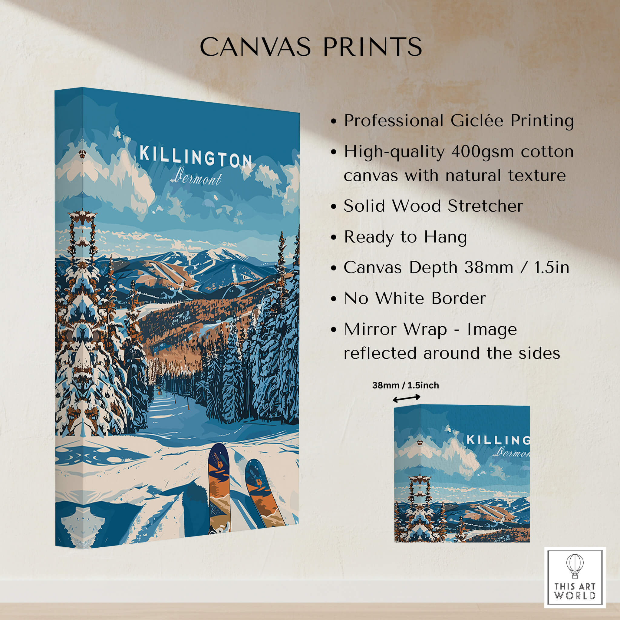 Killington Ski Poster - Vermont canvas print showcasing snowy mountains and ski equipment