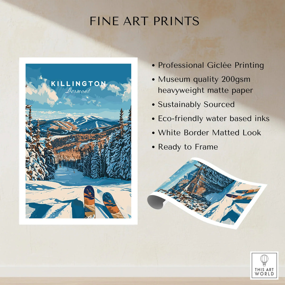 Killington Ski Poster - Vermont showcasing beautiful snowy slopes and mountains, perfect for ski enthusiasts and wall art lovers.